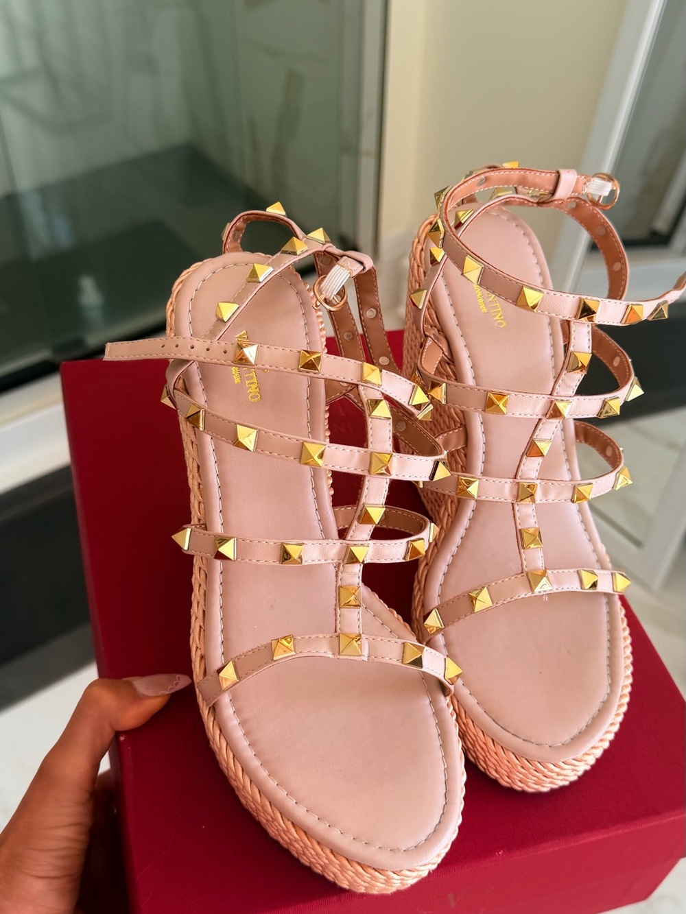 Valentino Pink Studded Wedge Espadrille Sandals